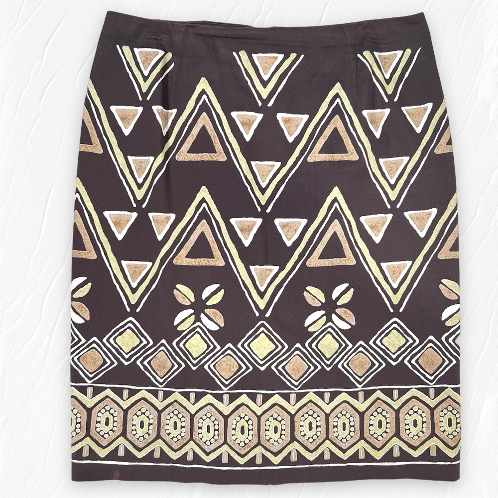 Anne Klein New York Tribal Abstract Geometric Lined Skirt Brown Size 10